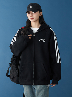 2024秋季新款上衣三条杠百搭纯棉开衫卫衣学生春秋拉链连帽外套女