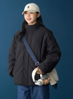 斜缝踩线简约立领黑色短款羽绒服女90白鸭绒宽松休闲冬季保暖外套
