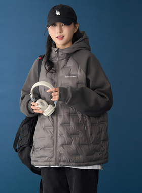 插肩袖拼接轻薄羽绒服女2025冬季新款中性连帽宽松薄款羽绒衫外套