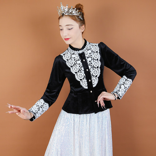 维族舞蕾丝烫钻立领长袖上衣