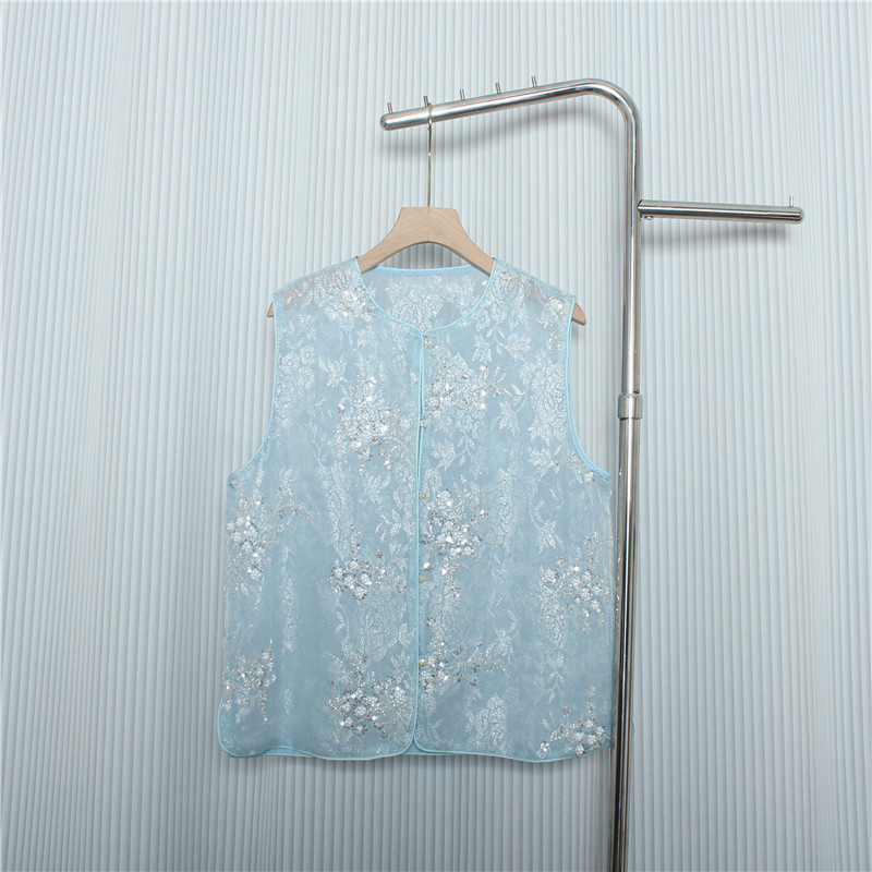 新中式蓝色马甲女2025夏季新款刺绣亮片钉珠国风叠穿衬衫薄纱背心