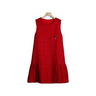 氛围美人节日红法式 名媛小香风亮丝粗花呢小裙摆背心连衣裙女