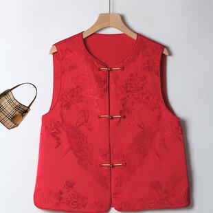 新中式高端精致孔雀绣花醋酸马甲女中国风秋冬新款圆领坎肩马夹