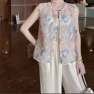 欧根纱国风马甲夏季薄款重工刺绣坎肩背心女外穿无袖新中式小马夹