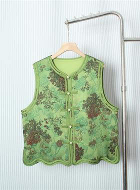 国风盘扣马甲女提花上衣2025秋季新中式圆领无袖坎肩绿色背心马夹