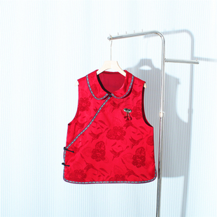 复古新中式重磅蝴蝶提花娃娃领马甲红色年服唐装背心改良旗袍外套