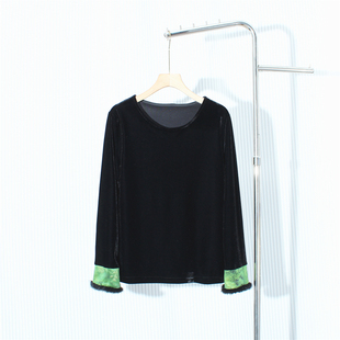 新中式国风丝绒拼接袖口绿色水貂毛长袖上衣新款宽松显瘦百搭小衫