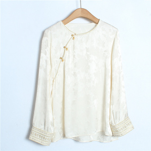 新中式国风提花斜襟衬衫女2025春季新款刺绣女装长袖上衣衬衣