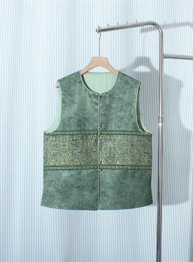 高端欧货新中式国风圆领重工刺绣绿色马甲女宽松无袖背心马夹上衣