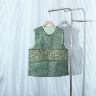 高端欧货新中式国风圆领重工刺绣绿色马甲女宽松无袖背心马夹上衣