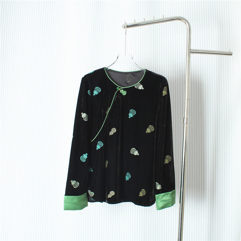秋冬新中式国风丝绒衬衫圆领斜襟葫芦刺绣拼接撞色翻袖打底上衣女