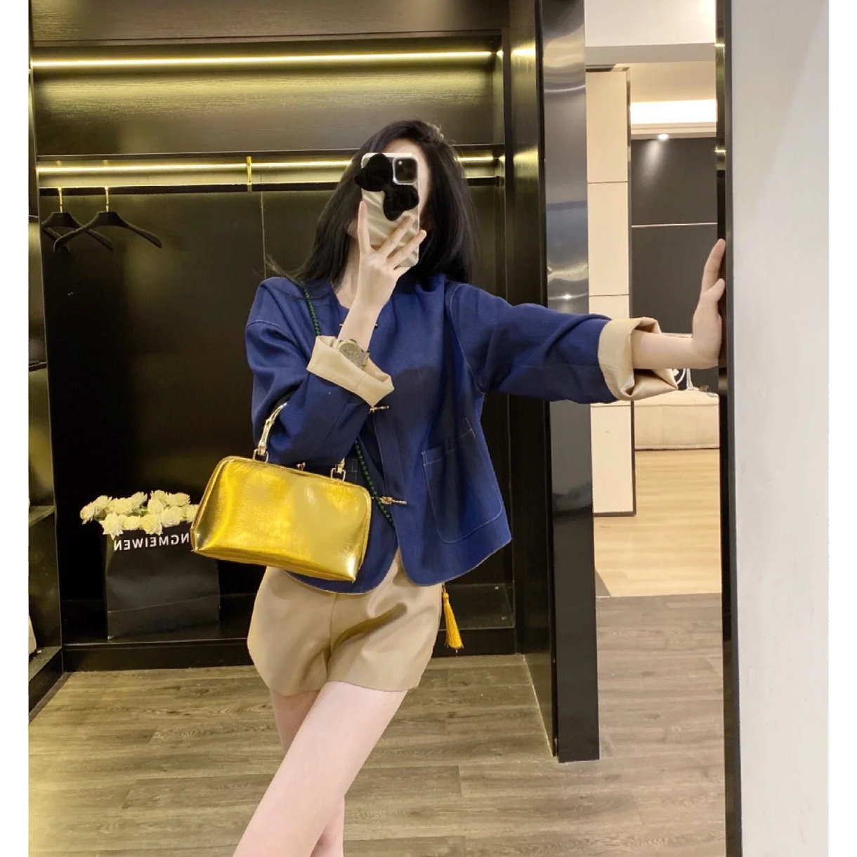 新中式国风拼色仿牛仔外套女春秋小个子高级感气质短款夹克上衣