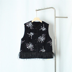 新中式国风马甲黑色丝绒拼接坎肩背心鸵鸟毛马夹亮片刺绣外搭女秋