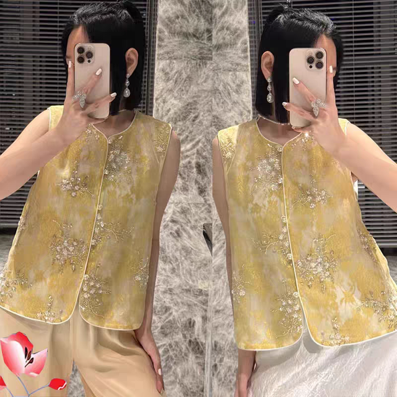 2025夏季女装时尚圆领钉珠亮片刺绣镂空微透欧根纱马甲女显瘦马夹