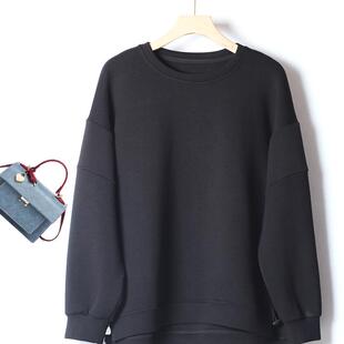 欧洲站秋冬长袖 高弹力加厚上衣纯色圆领运动小个子显瘦打底卫衣女