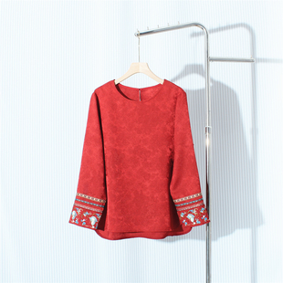 新中式国风缎面长袖衬衫女本命年红色结婚宴会圆领刺绣内外搭上衣