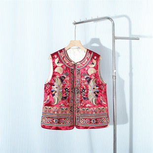 新中式国风高档定位绣花马甲女高贵紫色丝质缎面提花坎肩外套秋冬