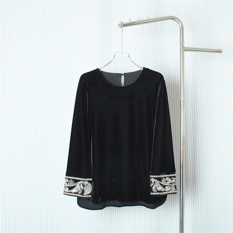 中式复古重工刺绣圆领长袖金丝绒