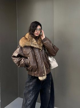 新款白90复古鸭绒羽绒服外套冬季毛领夹克2025美式女皮衣85330