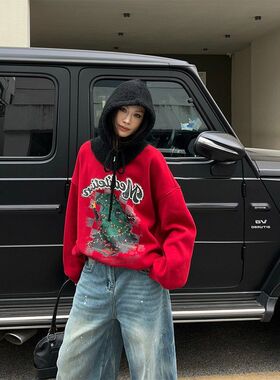 加厚卫衣圣诞上衣复古时尚潮流宽松56268圆领加绒冬季印花2025风