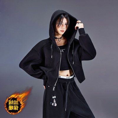 加绒拉链美式女连卫衣短外套双