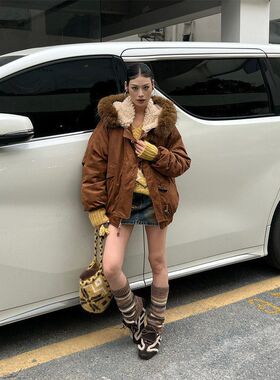 外套白女牛角羽绒服鸭绒羊羔仿ANNAANAN冬季复古派克&85382毛领扣