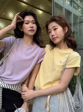 LIMON春夏T恤百搭柠檬绿茶刺绣上衣显瘦小马THE圆领 女士短袖白色