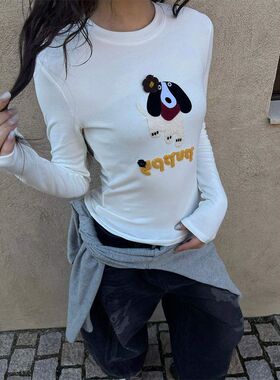 辣妹打底衫修身印花18561长袖刺绣字母小狗圆领T恤立体冬季风2025