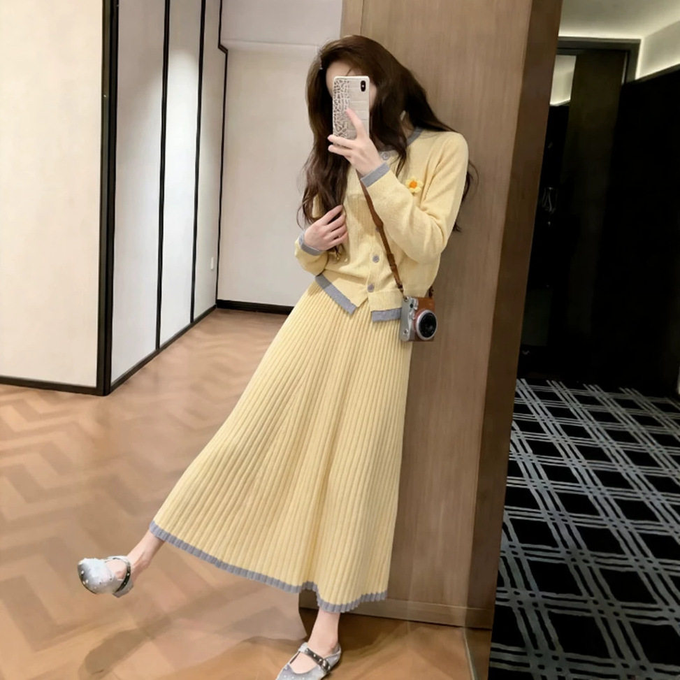 秋装女款上新女装穿搭一整套气质裙子套装针织上衣百褶裙两两件套