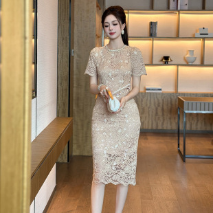 包臀蕾丝连衣裙 2025夏季 新款 女装 重工气质设计感圆领修身
