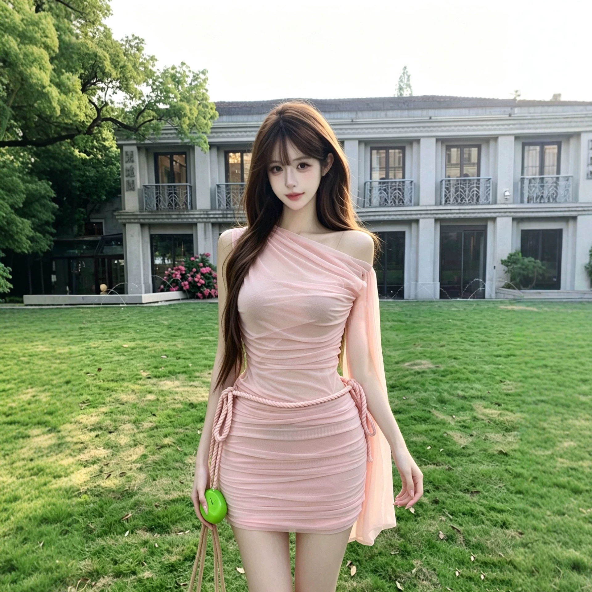 秋季新款甜欲风斜肩露肩绳结飘带包臀裙女夏露腰镂空褶皱连衣裙
