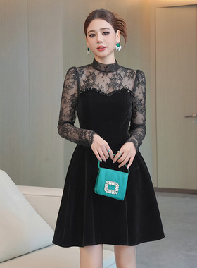 2025秋装新款女法式性感网纱拼接蓬蓬丝绒连衣裙黑色礼服裙