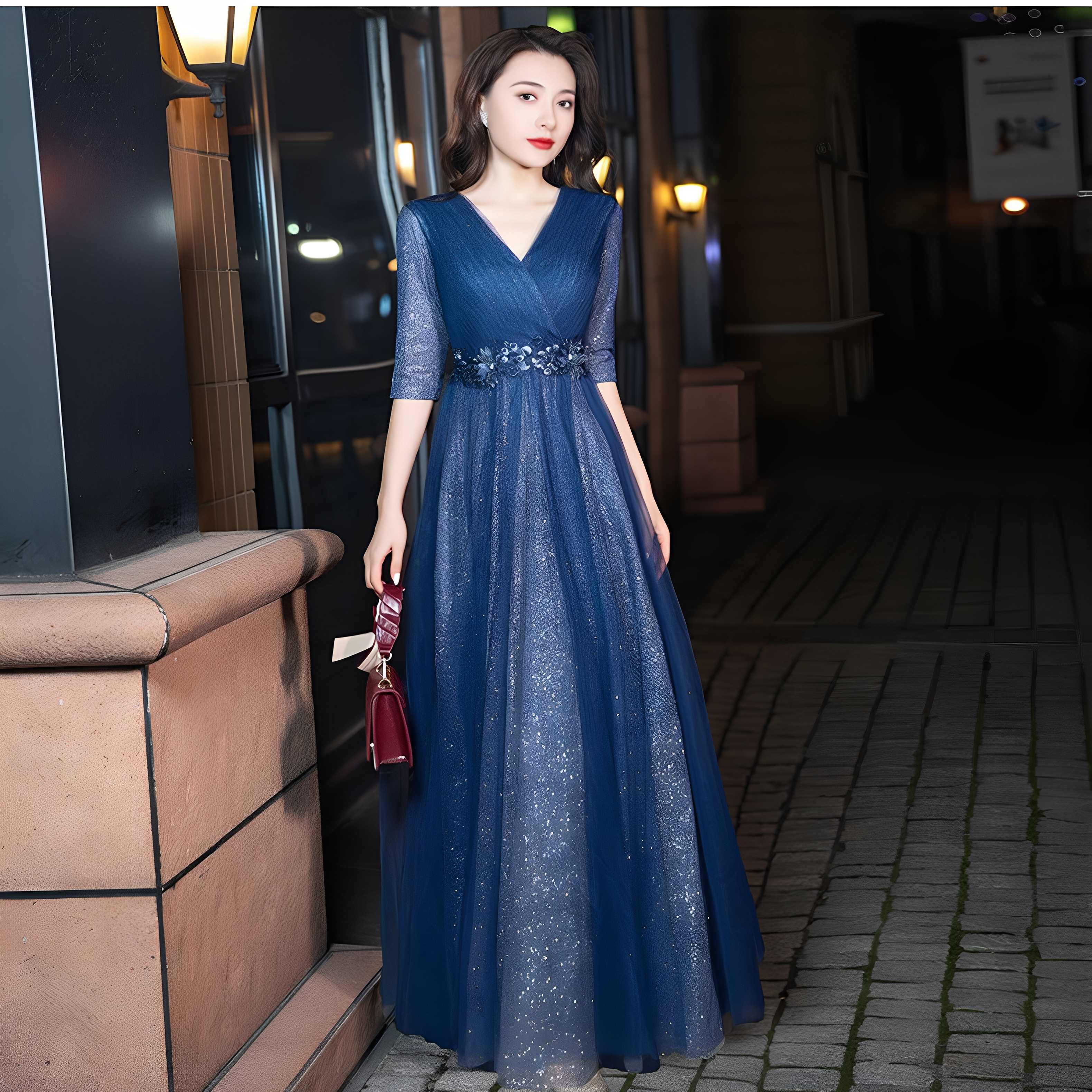 蓝色高级感2025新款轻奢小众高端宴会气质年会晚礼服裙合唱演出服