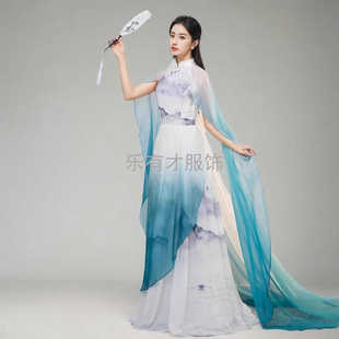 新款古筝演出服女中式风成人中国风水墨长裙表演高端大气民乐演奏