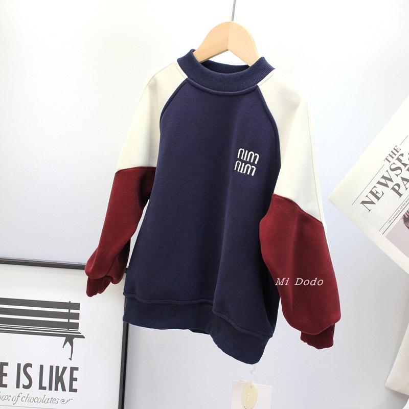 9-19码品牌童装男女童冬加绒卫衣中大童韩版复古撞色一体绒上衣潮