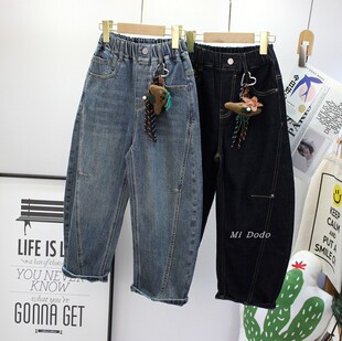 9-19码阳光爱橦秋新男女童软牛仔裤中大童韩范弯刀休闲裤男友裤潮