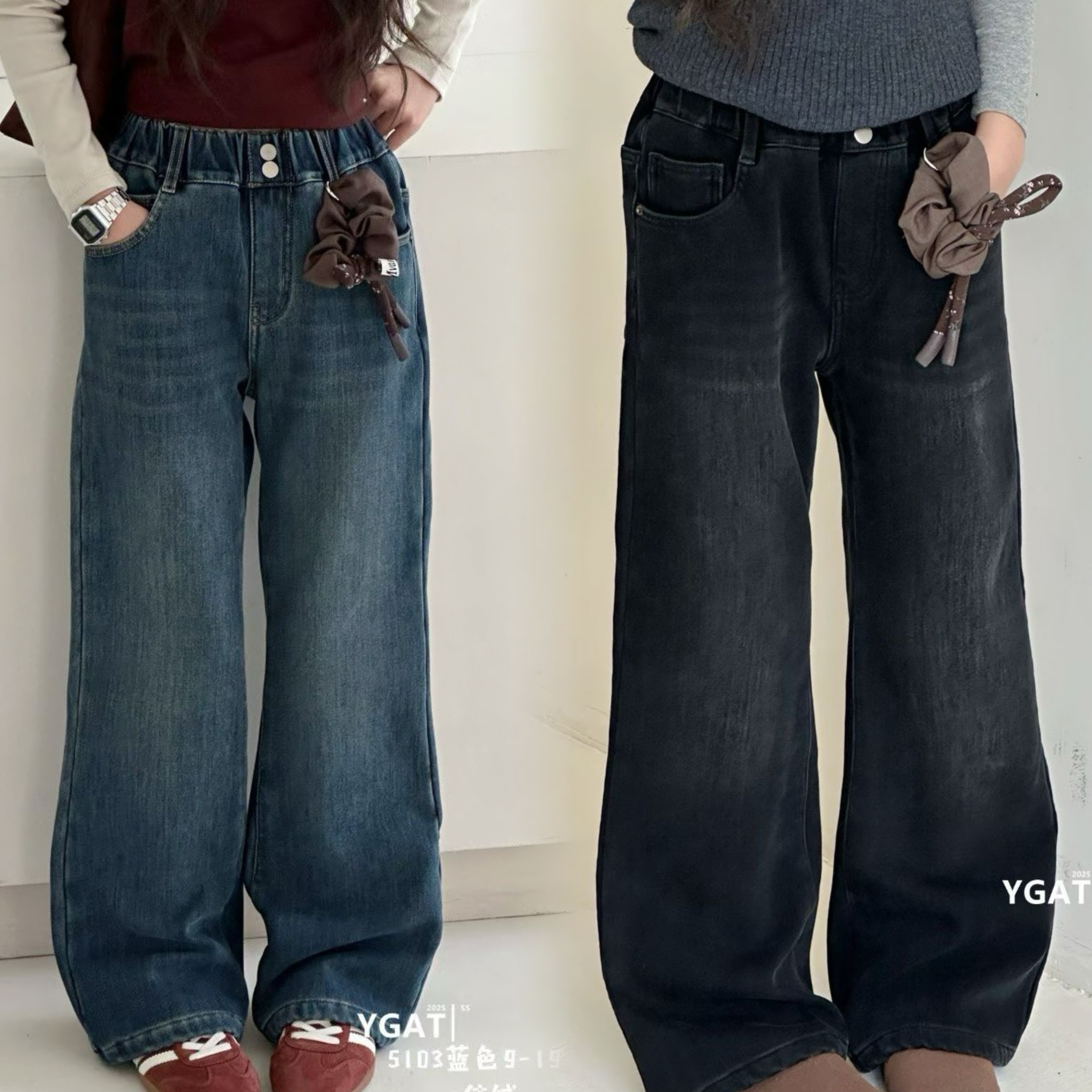 9-19码阳光爱橦新女童秋冬修身加绒软牛仔裤中大童四面弹微喇叭裤