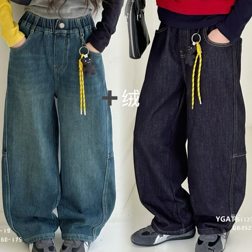 9-19阳光爱橦童装冬新男女童加厚一体绒牛仔弯刀裤中大童保暖裤潮