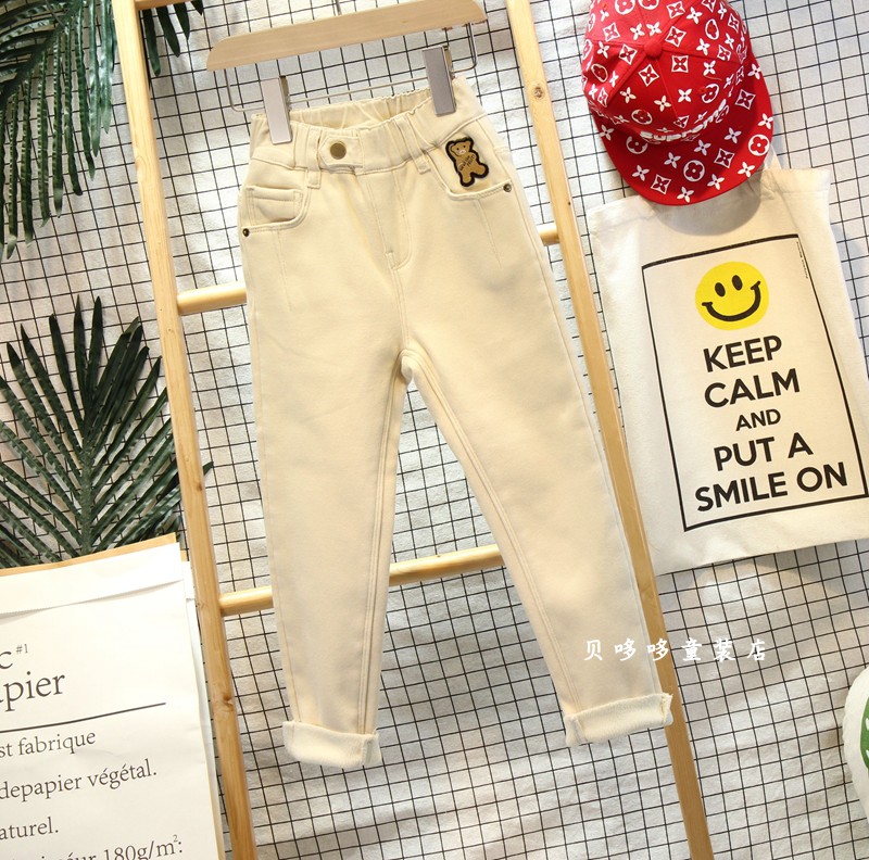 7-17爱木橦裤子女童一体绒加厚牛仔裤中大儿童洋气高弹力保暖长裤