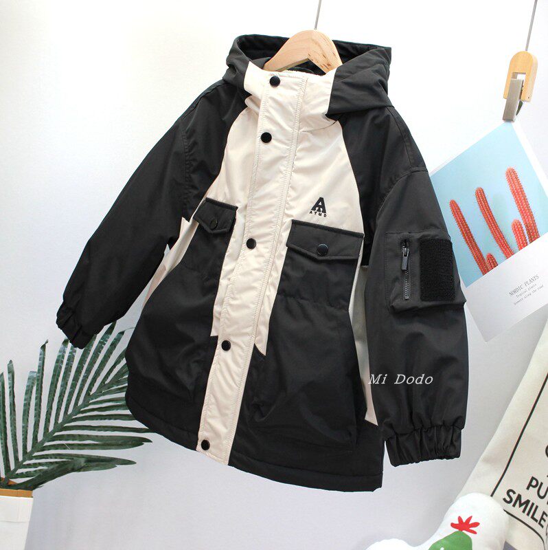 9-19木瓜汁男女童秋冬新款中大童加绒拼色连帽冲锋风衣外套韩棉服