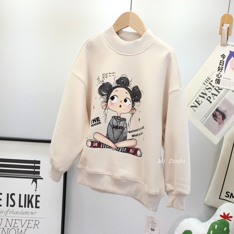 9-19码品牌童装女童冬加绒圆领卫衣中大童韩版调皮女孩打底衫上衣