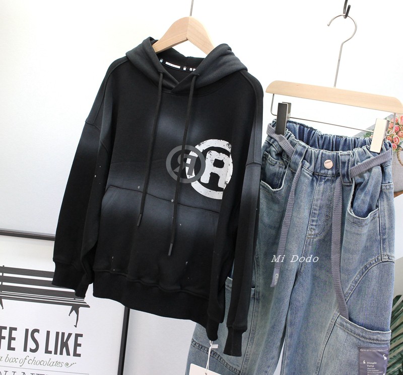 9-19品牌童装新男女童字母扎染连帽卫衣韩休闲上衣中大童套头衫潮