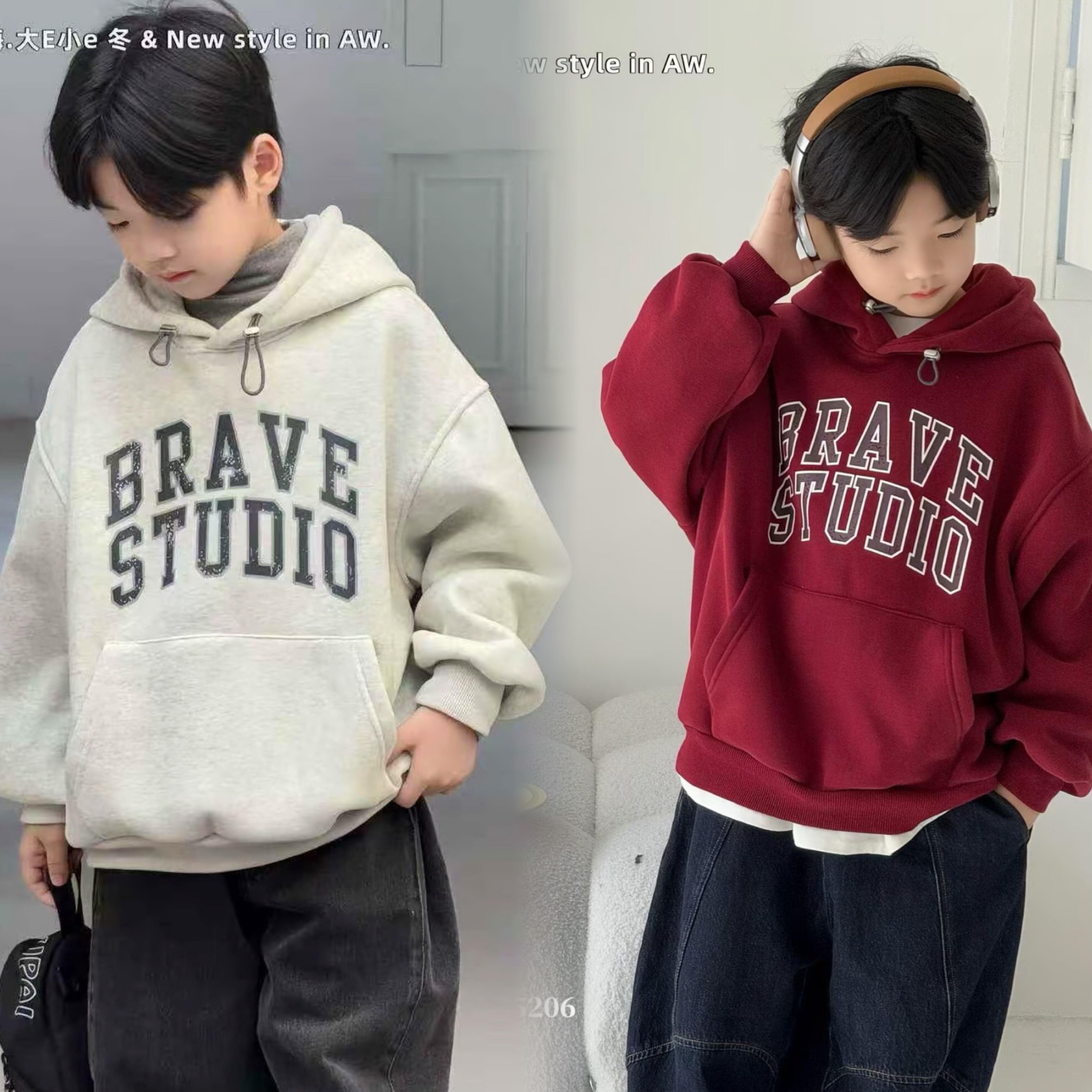 9-19码大E小e 秋冬新款男女童字母一体绒中大儿童连帽加绒卫衣潮