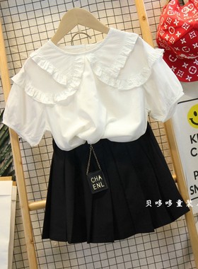 110.120码 叫我格格夏新款荷叶边圆领T恤中大儿童衬衫女童棉上衣