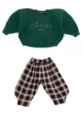 ins爆款童加绒加厚格子韩版儿童男童女童上衣宝宝绿色卫衣上衣潮