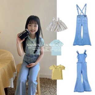 ins爆款mp夏浅色水洗牛仔背带裤twin女幼儿宝宝大喇叭裤子幼儿园