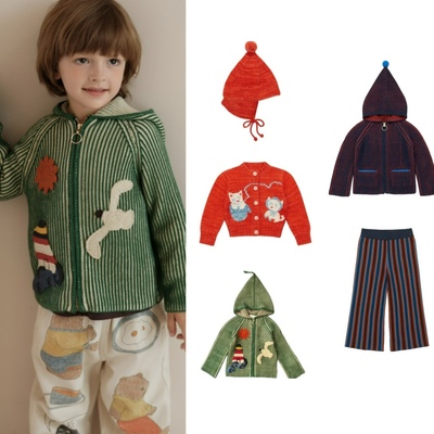 mp儿童毛衣25北欧秋复古男女童猫咪刺绣开衫帽子围脖纯棉宝宝圣诞