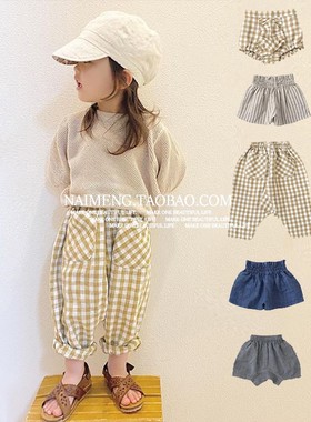 ins爆款sp格子花色棉麻大屁屁裤子舒适男童女童黄色面包短裤长裤