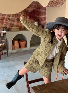 2023F系列菱形套装毛衣儿童绿色针织开衫保暖毛衣男女童幼儿园