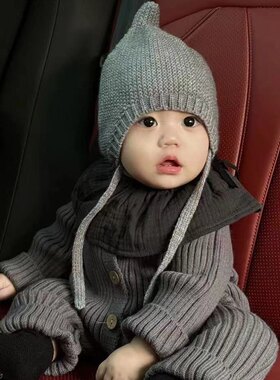ins婴幼儿针织包头帽早秋季宝宝毛线护耳帽子6个月男孩防风护耳帽